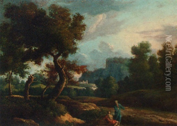 A Classical Italianate Landscape With Figures Conversing On A Track Oil Painting - Jan Frans van Bloemen