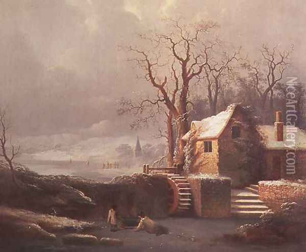 Snow Scene with Mill and Cottages Oil Painting - George, of Chichester Smith