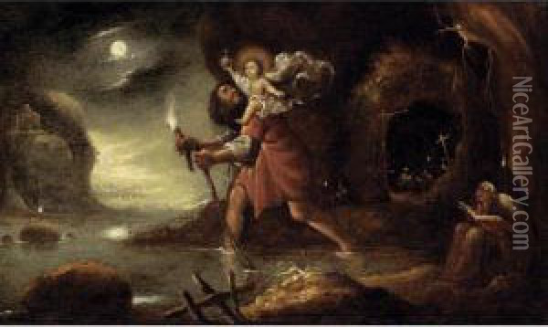 Saint Christopher Carrying Christ On His Shoulders Across The River Oil Painting - Rombout Van Troyen