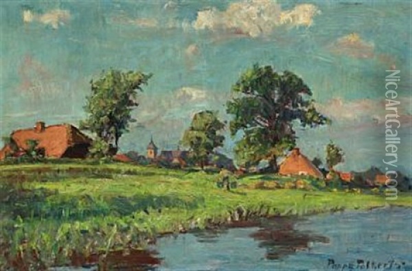 Frisian Landscape With Houses, Autumn Oil Painting - Poppe Folkerts