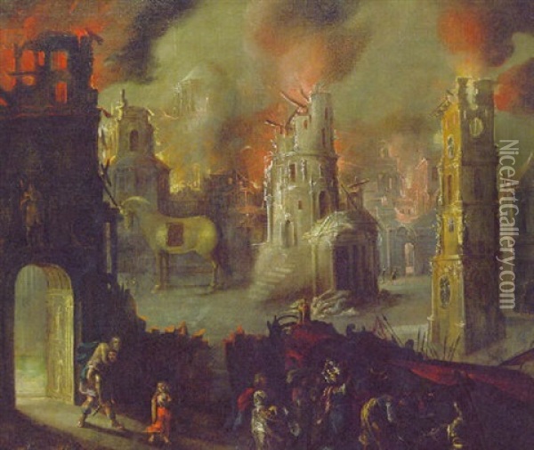 Aeneas Fleeing Burning Troy Oil Painting - Francois de Nome