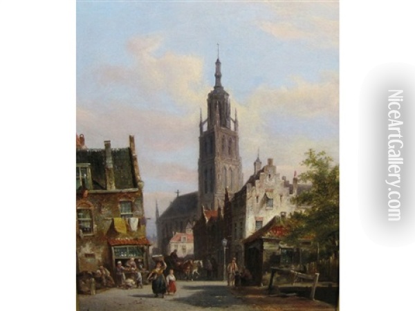 A Dutch Street Scene With Figures Oil Painting - Pieter Cornelis Dommershuijzen