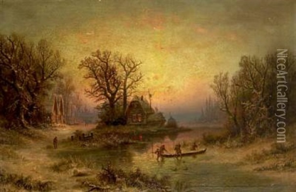 Winther Landscape With Persons On A Frozen Lake Oil Painting - Albert Bredow
