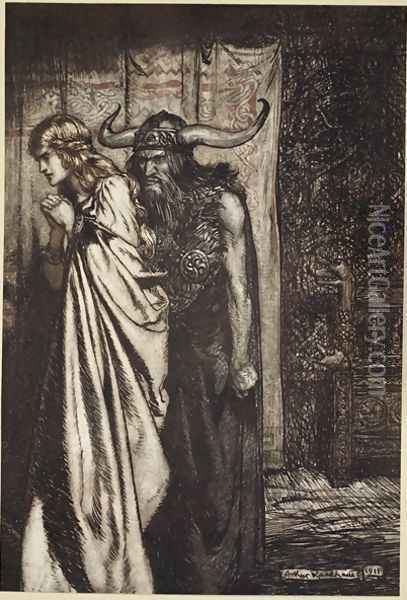 O wife betrayed I will avenge they trust deceived, illustration from Siegfried and the Twilight of the Gods, 1924 Oil Painting - Arthur Rackham