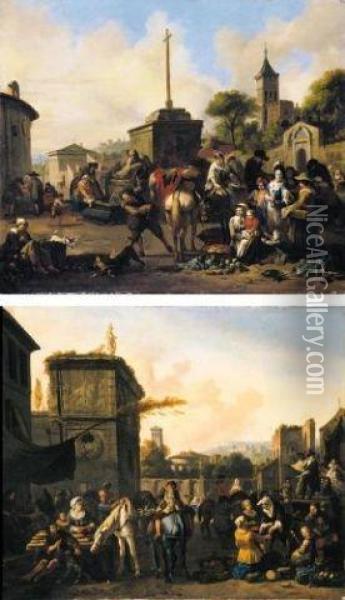 Roman Street Scene With A Vegetable Market (#) Market Stalls Oil Painting - Johannes Lingelbach