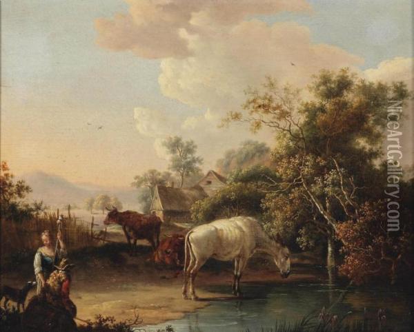 A Hilside Landscape With Figures And Cattle On A Path, A Farmhouse In The Distance Oil Painting - Dyonis Van Dongen
