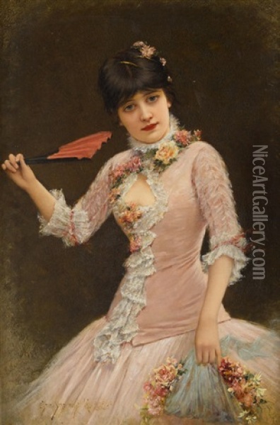 A Portrait Of A Young Lady In Pink Dress Oil Painting - Emile Eisman-Semenowsky