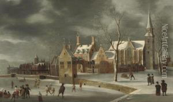 A Winter Landscape With Figures Skating On The Ice Near Atown Oil Painting - Jan Abrahamsz. Beerstraaten