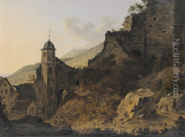Ansicht Vom Schlos Und Ruine Gondorf An Der Mosel Oil Painting - Friedrich Christian Reinermann