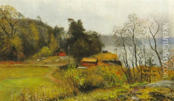 Insjovik Med Roda Hus Oil Painting - Olof Hermelin