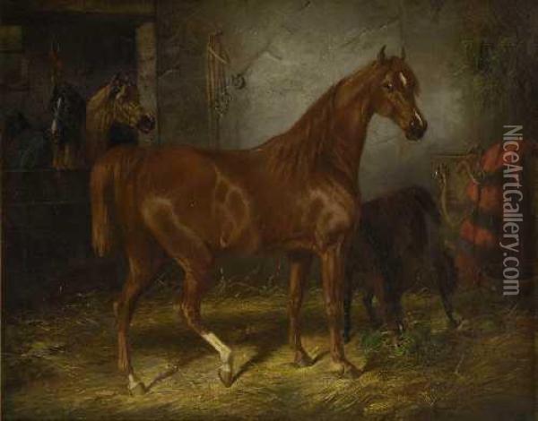 Pferde Im Stall. Oil Painting - Carl Fredrik Kioerboe
