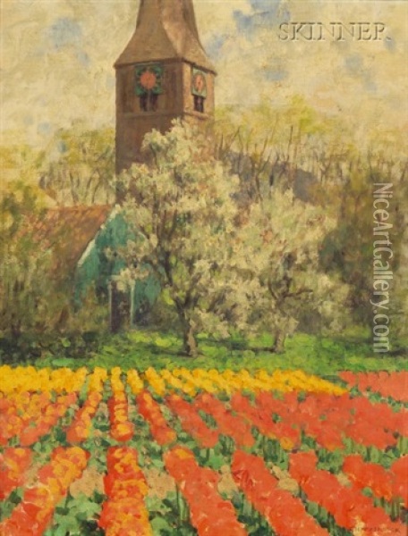 Tulip Fields With Orchard And Clock Tower Oil Painting - George Hitchcock