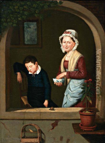 Meisje En Slapende Jongen Bij Het Venster Oil Painting - Jean-Jacques Champin
