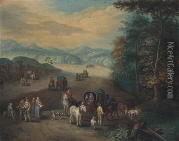 An Extensive Wooded Landscape With Travellers, Drovers And Caravans On A Path Oil Painting - Karel Beschey
