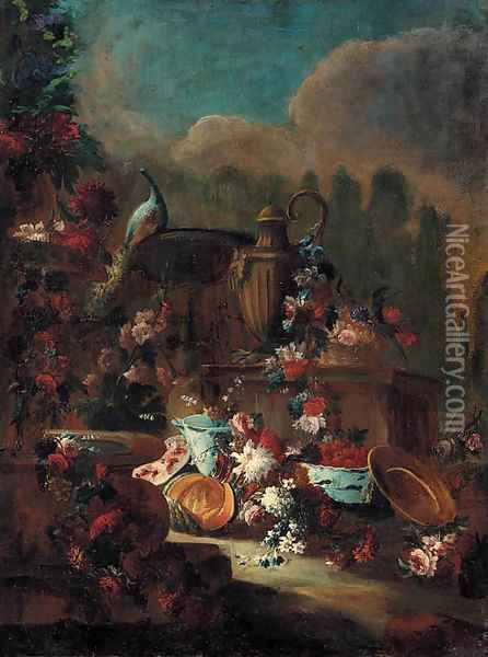 Flowers and fruit by an urn with a fountain and a peacock in a landscaped park Oil Painting - Gasparo Lopez