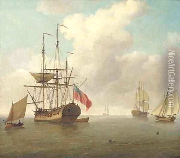 A small man-'o'-war at anchor with cutters under sail Oil Painting - Charles Brooking