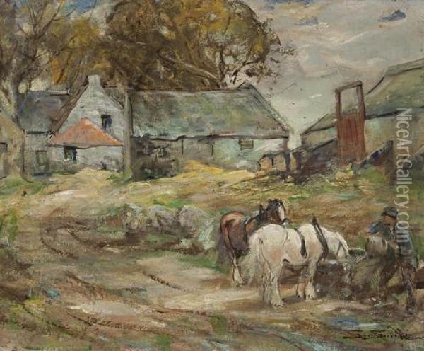 Working Horses Watering At Farmyard Trough Oil Painting - George Smith