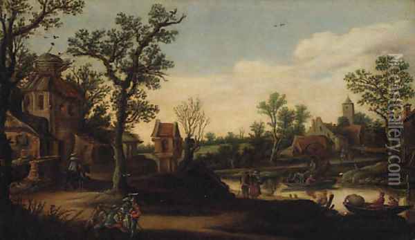 A wooded River Landscape with a Ferry and Figures on a Track Oil Painting - Esaias Van De Velde