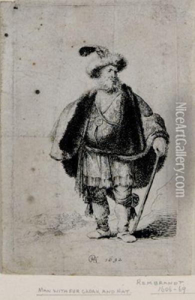 Man With Fur Cloak And Hat Oil Painting - Rembrandt Van Rijn
