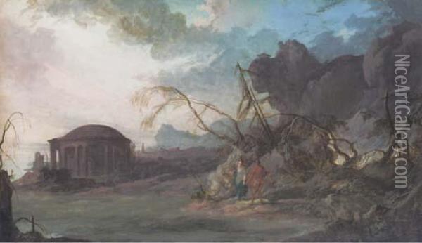 A Classical Temple By The Sea With Two Figures In Theforeground Oil Painting - Pierre-Antoine Patel