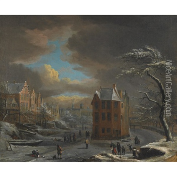 Busy Town Scene With Skaters And Merrymakers On A Frozen River Oil Painting - Aert van der Neer