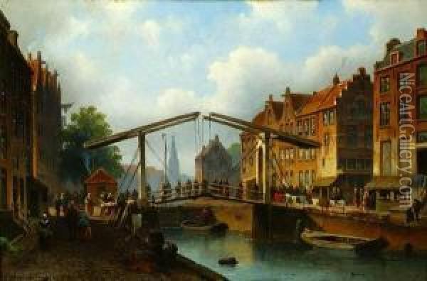Canal Scene In Dutch City Oil Painting - Eduard Alexander Hilverdink