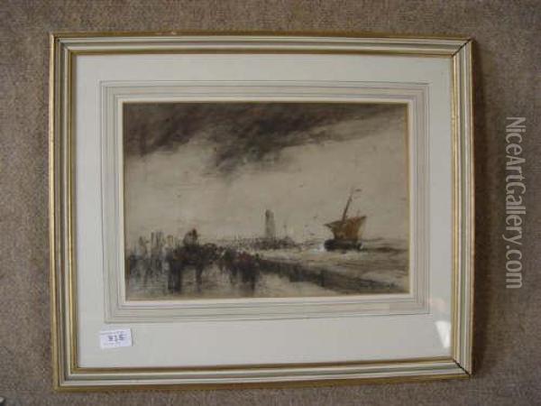 Harbour Scene Watercolour Signed In Bottomright Corner Oil Painting - Dudley Hardy