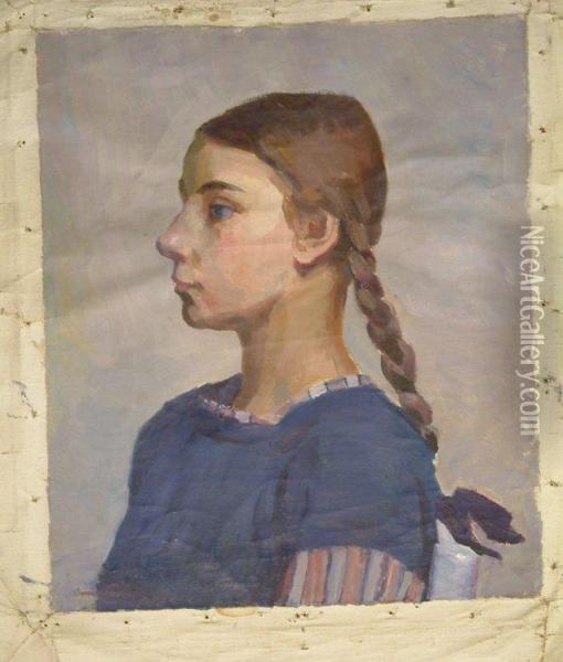 Portrait Of A Girl In A Blue Dress Oil Painting - Anna Wood Brown