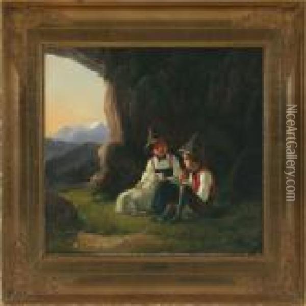 Landscape With Boysand A Sheep Resting At A Cave Oil Painting - Christian Andreas Schleisner