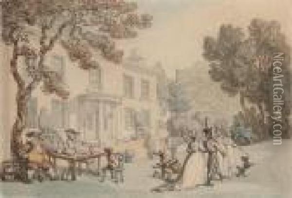 An Officer And Ladies Promenading Outside A Country House Oil Painting - Thomas Rowlandson