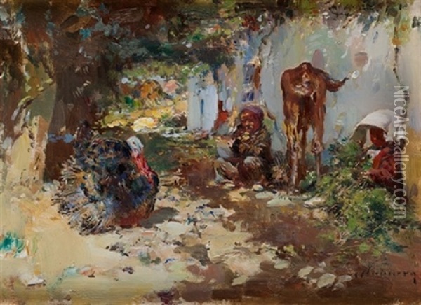 Ninos Moros Con Un Pavo Oil Painting - Jose Navarro Llorens
