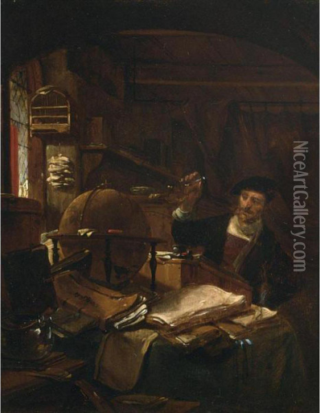 An Alchemist In His Study With A Globe And Paperwork On A Table Oil Painting - Thomas Wyck