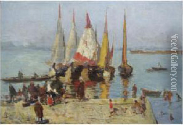 Sailing Boats On The Lagoon, Venice Oil Painting - Mose Bianchi