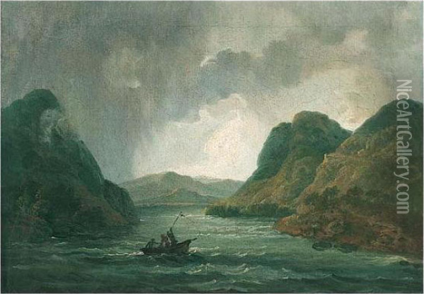 A View Of A Lake With A Storm Approaching Oil Painting - Julius Caesar Ibbetson