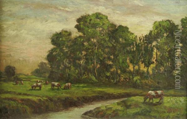 Cattle Grazing At Sunset Oil Painting - William Greaves