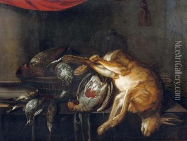 Game In Cluding Poultry And A Hare On A Partially Draped Stone Ledge Oil Painting - Jan Weenix