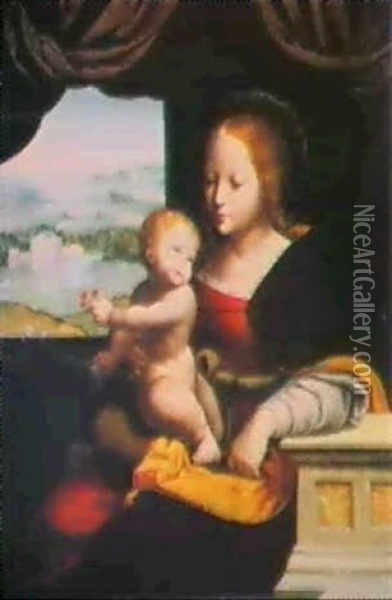 The Madonna And Child At A Casement Before A Window, A      Landscape Beyond Oil Painting - Joos Van Cleve