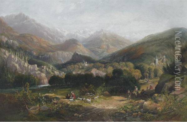 Extensive Alpine Vista With Shepherds Resting And Travelersmingling Oil Painting - John Wilson Carmichael