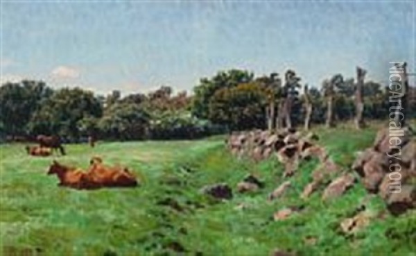 Landscape With Cows Oil Painting - Niels Kristian Skovgaard