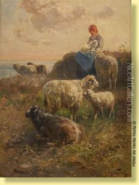 Bergere Et Ses Moutons En Bord De Mer Oil Painting - Henry Schouten