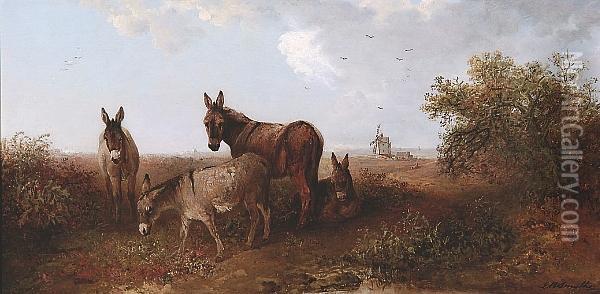 Donkeys With A Windmill Beyond Oil Painting - Edward Robert Smythe