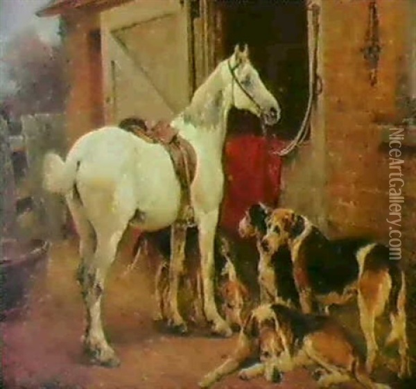 A Grey Hunter And Foxhounds By A Stable Door Oil Painting - John Sargent Noble