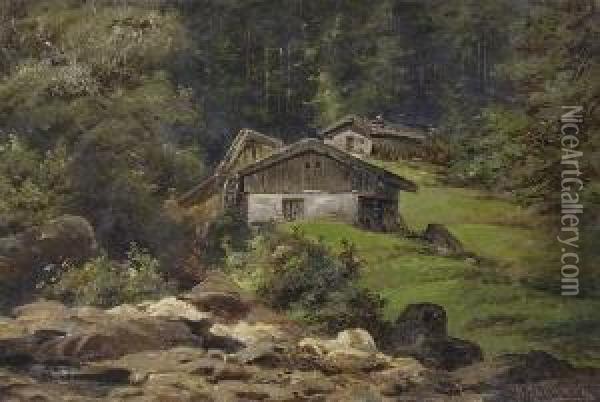 Muhle Am Gebirgsbach. Oil Painting - Friedrich Perlberg