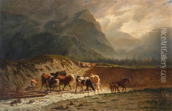 An Einem Wildbach Trinkende Viehherde In Alpiner Landschaft Oil Painting - Charles (Jean-Ch. Ferdinand) Humbert