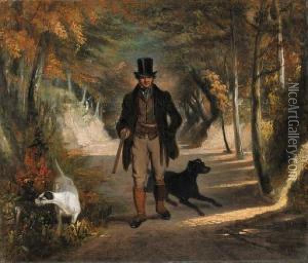 A Sportsman With Gundogs On A Woodland Path Oil Painting - James William Giles