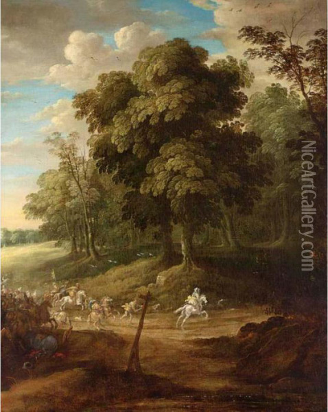 A Cavalry Battle Scene In A Wooded Landscape Oil Painting - Sebastien Vrancx