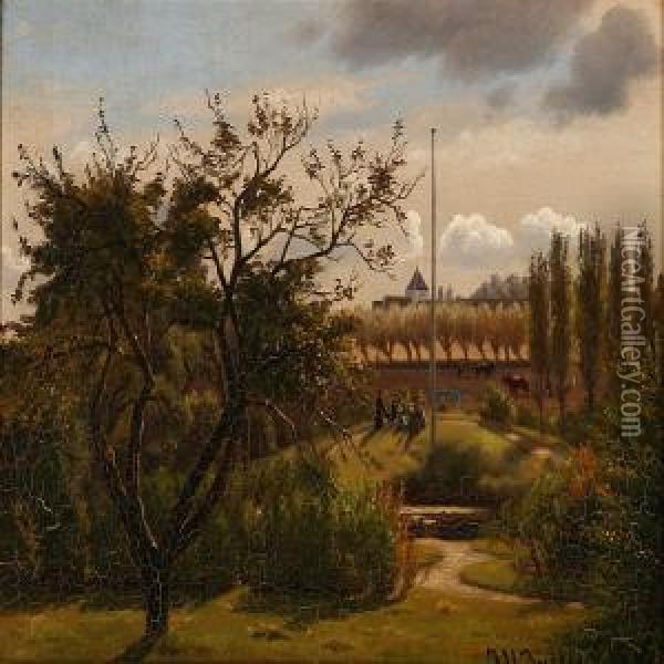 Garden Landscape With A View To A Church Oil Painting - Johan Ulrik Bredsdorff