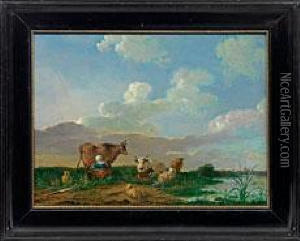 Melkende Hirtin Am Flussufer Oil Painting - Franciscus Xaverius Xavery