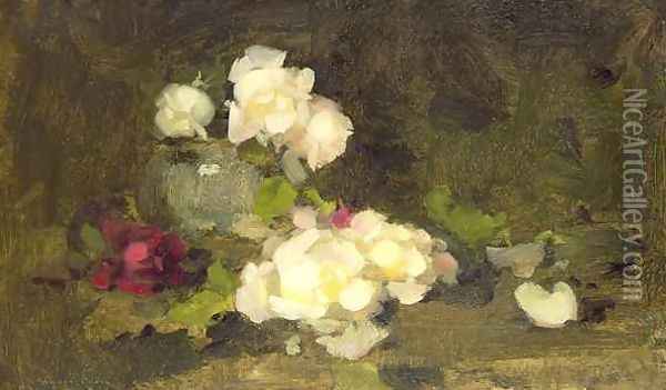 Still life of yellow and red roses in a green vase Oil Painting - James Stuart Park