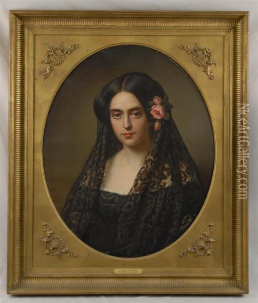 Portrait Of A Lady Wearing A Mantilla Oil Painting - Giuseppe Fagnani